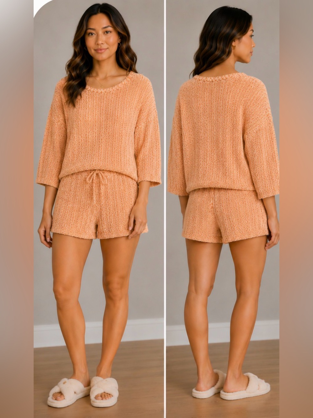 Free the Roses Textured Peach-Orange Cropped Sweater and shorts set large